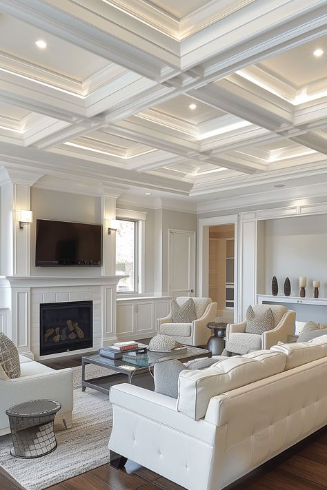 22 Mesmerizing Accent Ceiling Ideas - Remodr Coffered Ceiling On Slanted Ceiling, Coffered Ceiling Ideas Dining Room, Primary Bedroom Ceiling Ideas, Basement Coffered Ceiling, Cove Lights Ceiling, Square Ceiling Design, Faux Tray Ceiling, Molded Ceiling, Accent Ceiling Ideas