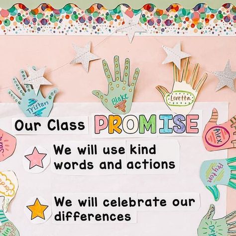 Laura White on Instagram: "🦄Class Promise Freebie!🦄 One of my favorite Back to School activities is making our Class Promise. I made this freebie so you can do this with your class too! 🌟Ask your students what they think a great classroom should look like 🌟Talk together about what rules you think you’ll need 🌟Reveal the classroom promise 🌟Have every student sign it by decorating a handprint with their name! 💕Grab this from my bio or comment for the link💕 #teachingresources #teachingideas Class Family Promise, I Promise Book Activities, Our Class Promise, School Rules Activities, Classroom Values, Preschool Class Rules, Classroom Contract, Classroom Promise, Primary Classroom Displays