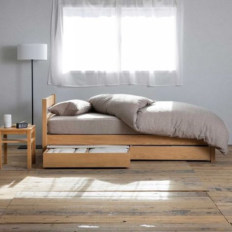 Muji Bed, Japandi Farmhouse, Plywood Bed, Bedroom Decor Teenage, Organize My House, Couple Bedroom Decor, Wooden Bed With Storage, Vancouver Condo, Wall Decor Bedroom Ideas