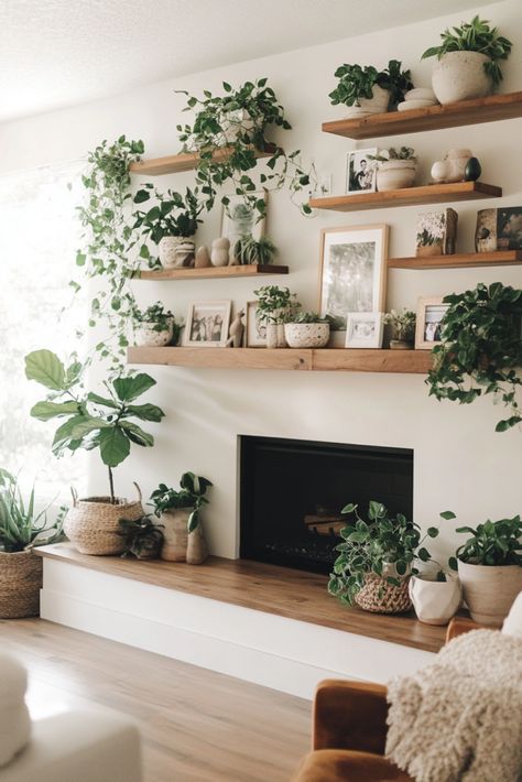 🔥 Ignite Your Space: 18 Fireplace Built-Ins to Love! ❤️ - Fireplace Bookshelf Ideas, Fireplace With Chairs On Each Side, Fireplace Ledge Decor, Scandi Fireplace Ideas, Shelves Above Fireplace, Shelf Next To Fireplace, Fireplace With Seating Ledge, Fireplace With Floating Shelves On Sides, Built In Tv Wall Unit With Fireplace