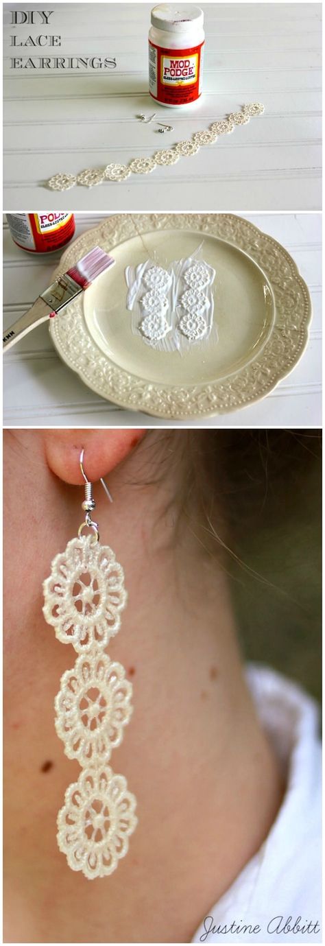 These gorgeous DIY lace earrings were made with some scraps that Justine had in her stash - they're so easy and make great gifts! via @modpodgerocks Diy Lace Earrings, Diy Jewelry To Sell, Diy Jewelry Holder, Jewelry Organizer Diy, Lace Earrings, Easy Diy Jewelry, Lace Jewelry, Crochet Doily, Homemade Jewelry