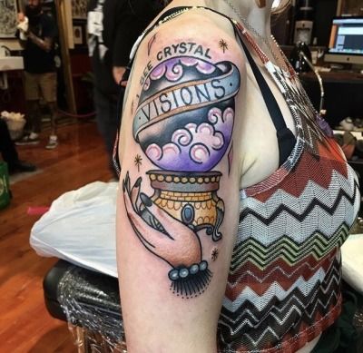 Stevie Nicks Tattoo, Donald Duck Tattoo, Joker And Harley Quinn Tattoo, Pop Art Tattoo, Gold Tattoo Ink, Crystal Ball Tattoo, Tato Irezumi, Rose Gold Tattoo, Brown Tattoo Ink