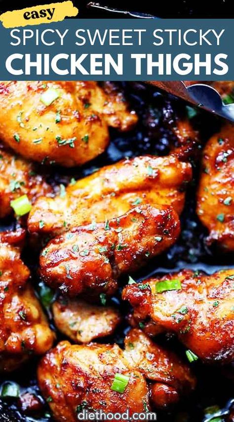 This is an easy and quick one-skillet meal that includes delicious and tender sticky chicken thighs seasoned with a homemade spice rub and brushed with an amazingly sweet honey sauce. Quick Chicken Thigh Recipes, Sweet And Sticky Chicken, Diethood Recipes, Sticky Chicken Thighs, Honey Chicken Thighs, Sticky Chicken Recipe, Baked Boneless Chicken Thighs, Chicken Thighs Dinner, Healthy Chicken Thigh Recipes