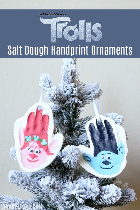 If your kids love Trolls, they'll love this fun Christmas craft. Make your own Salt Dough Handprint Trolls Ornament. It's so easy and fun! Salt Dough Handprint, Trolls Holiday, Handprint Christmas Tree, Themed Recipes, Handprint Ornaments, Trolls Birthday Party, Advent Activities, Salt Dough Ornaments, Dough Ornaments