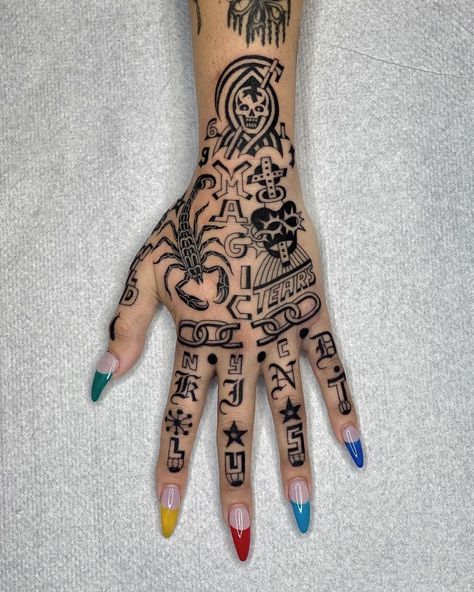 Hand Tattoo Ideas For Men, Unique Hand Tattoos, Hand Tattoo Ideas, Traditional Hand Tattoo, Rib Tattoos For Guys, Mandala Hand Tattoos, Skull Hand Tattoo, Traditional Tattoo Flowers, Rose Hand Tattoo