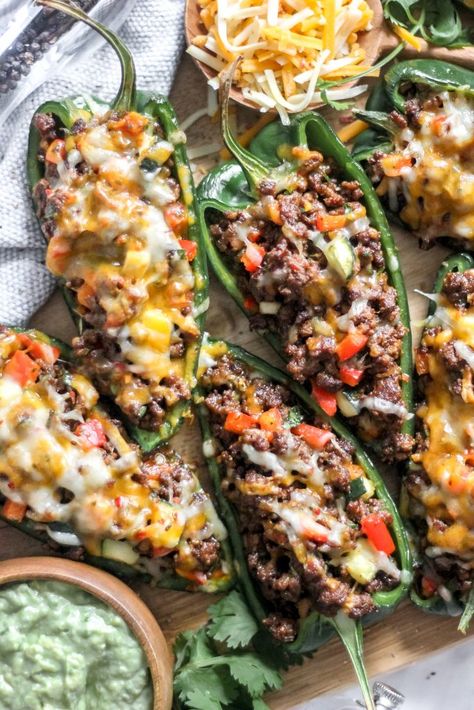 Poblano Recipes, Keto Mexican Recipes, Healthy Low Carb Dinner, Poblano Peppers Recipes, Avocado Crema, Poblano Peppers, Seasoned Ground Beef, Paleo Recipes Easy, Ground Beef Recipes Easy