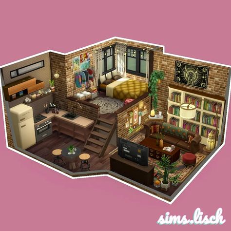 Sims Loft Ideas, Cool Sims Houses, Sims 3 Apartment Ideas, House Design Cute, Rooms Game Ideas, Sims Houses Interior, Caryn And Connie Sims 4, Sims 4 Loft Ideas, Basement Ideas Sims 4