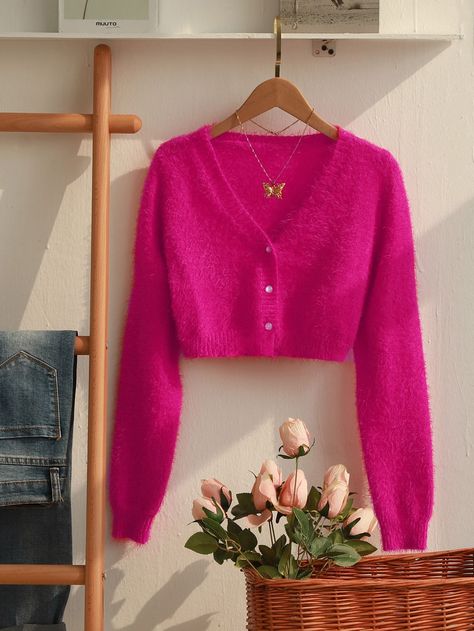 Button Front Fuzzy Knit Cardigan | SHEIN USA Pink Cardigan Outfit, Cardigan Outfit Aesthetic, Hot Pink Cardigan, Pink Wardrobe, Blue Halter Dress, Pink Cardigan Sweater, Hot Pink Tops, Fuzzy Cardigan, Cardigan Outfits