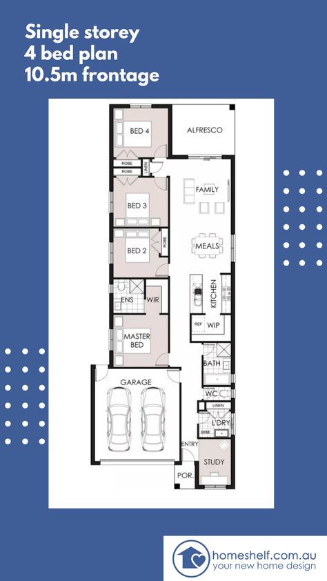 "I'm looking for a single storey plan with 4 beds and 2 car garage that fits 10.5m frontage" (enquiry earlier in the week in Seventh Bend, Melton South). ⁣Introducing the Cashmere 216 by @omniahomes, customised plans available. ⁣#narrowblock #houseplan #homeshelf⁣⁣ Narrow House Plans Single Storey, Single Story House Floor Plans, Granny Flat Plans, Single Storey House Plans, Narrow House Plans, Floor Plan 4 Bedroom, Narrow House, House Construction Plan, House Construction