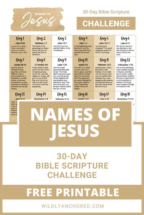 FREE 30-Day Names of Jesus Bible Scripture Challenge Jesus Challenge 30 Day, 30 Day Bible Scripture Challenge, 30 Day Scripture Challenge, Names Of Jesus Printable, Jesus Challenge, Scripture Challenge, The Names Of Jesus, Jesus Printable, Genealogy Of Jesus