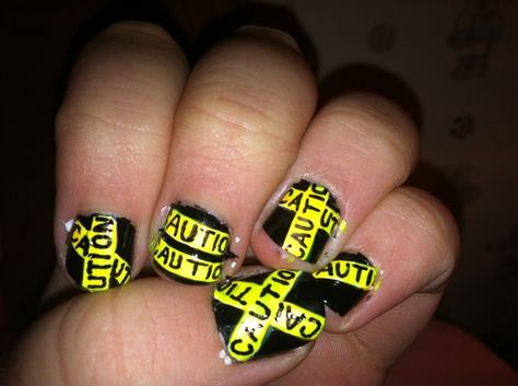 caution tape nails Tape Nail Designs, Tape Nails, Halloween Nail Art Tutorial, Terrifying Halloween, Halloween Nail Art Ideas, Halloween Nails Diy, Caution Tape, Funky Nail Art, Nail Tape