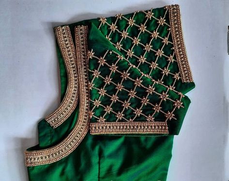 Green Bridal Blouse, Latest Fashion Blouse Designs, Short Sleeve Blouse Design, Blue Work Blouse, Blouse Aari Work, Aari Work Blouse Design, Magam Work Designs, Green Blouse Designs, Blue Blouse Designs