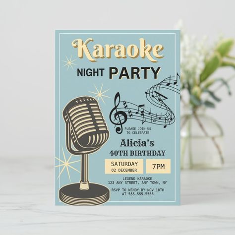 Karaoke Invitations, Karaoke Birthday, Karaoke Night, Mens Birthday Party, Night Party, Party Night, 40th Birthday, Karaoke, Invitation Zazzle