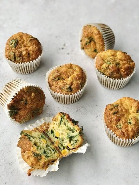 Cheese Spinach Muffins, Sweetcorn Bake, Chicken And Sweetcorn Soup, Spinach Muffins, Protein Rich Breakfast, Corn Cheese, Cheese Spinach, Savory Cheese, Simple Muffin Recipe