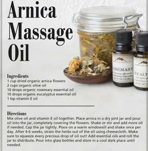 Arnica Oil Diy, Herbal Massage Oil Recipe, Diy Massage Oil Recipes, Massage Oils Recipe, Diy Massage Oil, Holistic Business, Arnica Oil, Herbal Salves, Mountain Rose