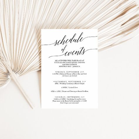 Elegant Black Wedding Weekend Schedule of Events Enclosure Card Destination Wedding Itinerary, Weekend Schedule, Schedule Of Events, Wedding Day Schedule, Whimsical Typography, Aqua And Gold, Minimalist Card, Wedding Itinerary, Minimalist Cards