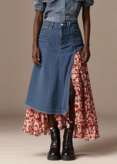 Patchwork Jean Skirt, Upcycled Sewing, Fashion Outfits Casual, Jean Skirt Outfits, Diy Clothes Refashion, Creative Clothes, Print Denim, Future Outfit, Patchwork Print