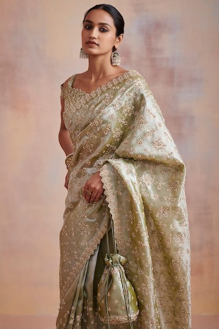 Buy Green Tissue Hand Embroidered Aari Work V Neck Saree With Blouse For Women by Suhino Online at Aza Fashions. Green Tissue Saree, Indian Embroidery Designs, Reception Outfits, Bridesmaid Saree, Tissue Saree, Saree Designs Party Wear, Groom Looks, Indian Wedding Wear, Work Sarees