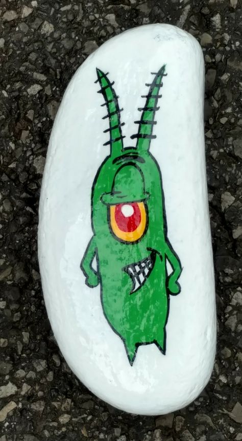 Plankton painted rock Patrick Star Rock Painting, Plankton Rock Painting, Spongebob Painted Rocks, Girls Crafts, Chalk Ideas, Pet Rock, Painted Pebbles, Story Stones, Stone Art Painting