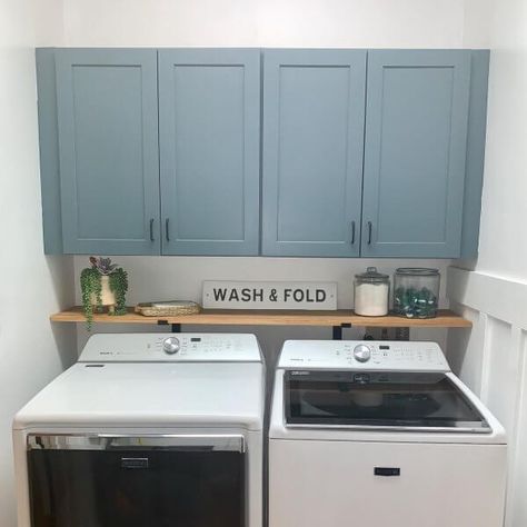 Sherwin Williams Slate Tile painted cabinets above a white washer and dryer in laundry room Pastel Paint Colors, Landry Room, Laundry Room Paint Color, Laundry Room Paint, Tile Bedroom, Laundry Room Update, Blue Laundry Rooms, Painted Slate, Laundry Room Renovation