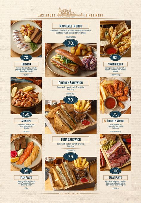 Lake House Brewery. Diner Menu on Behance Menu Layout Ideas, Bistro Menu Ideas Food, Restaurant Menu Photography, Bistro Menu Ideas, Menu Restaurant Ideas, Dessert Menu Design Ideas, Food Menu Design Layout, Food Menu Layout, Brunch Cafe Menu