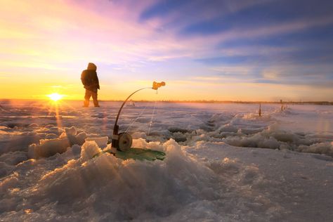 ice-fishing-on-a-river-at-sunset Kristen Hannah, Canada Video, Fishing In Canada, Arctic Expedition, Ice Lake, Winter Fishing, Lassen Volcanic National Park, Fishing Guide, Lake Fishing