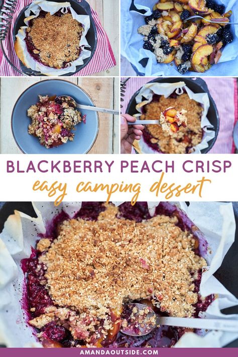 This blackberry peach fruit crisp is the perfect camping dessert. This fruit crumble is cooked in a dutch oven and it tastes absolutely delicious. If you want an easy camping dessert idea, check out this recipe. This peach crisp with oatmeal and fresh peaches is perfect for when there’s an abundance of ripe fruit in the Summer months. It’s one of the easiest dutch oven recipes you can make while camping. Let’s get started! #dessert Dessert For Camping, Peach Crisp With Oatmeal, Dutch Oven Cobbler, Easy Dutch Oven Recipes, Dutch Oven Desserts, Dutch Oven Recipes Cast Iron, Camping Dessert Recipes, Blackberry Peach, Blackberry Crisp