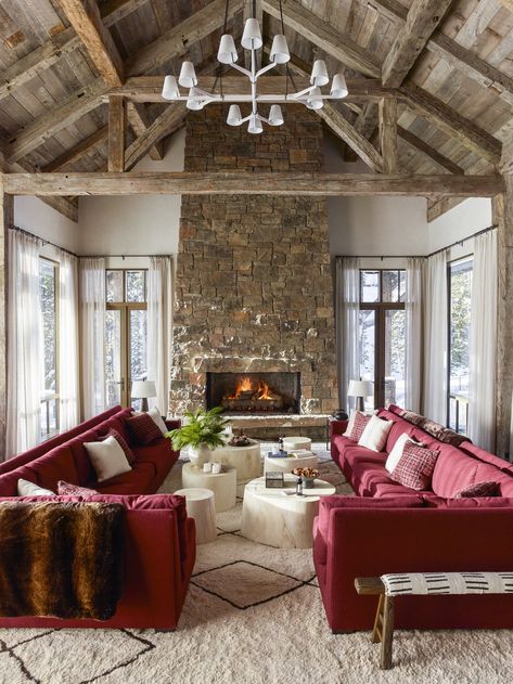 This is a modern rustic chalet with bold colors by Kylee Shintaffer. This Ski Chalet, used as a gathering place for family, was designed to connect the home to its natural surroundings. At the same time also creating a fresh and glamourous aesthetic. Rustic architectural elements along with bold colors and an eclectic mix of furnishings […] Kylee Shintaffer, Ski Chalet Interior, Chalet Living Room, Ski Outfits For Women, Rustic Chalet, Popular Living Room, Ski Cabin, Chalet Interior, Sitting Rooms