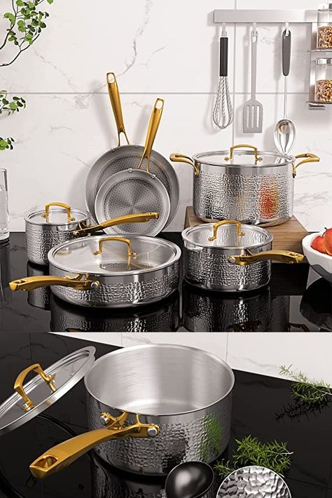 Pots and Pans Set, Tri-Ply Stainless Steel Hammered Kitchen Cookware, Kitchen Pots And Pans Cookware Set Stainless Steel, Stainless Steel Crockery, Stainless Steel Kitchen Decor, Kitchen Pots And Pans, Kitchen Pots, Kitchen Cookware Sets, Stainless Kitchen, Development Plan, Cookware Set Stainless Steel