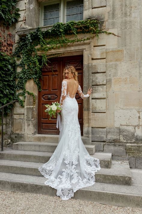 Alluring Long Sleeve Lace Fit-and-Flare Wedding Dress with Open Back Detail Long Sleeve Wedding Dress Backless, Wedding Dress With Open Back, Fitted Lace Wedding Dress, Sleeved Wedding Dress, Lace Wedding Dress With Sleeves, Open Back Wedding Dress, Essense Of Australia, Illusion Tulle, Long Sleeve Wedding Dress Lace