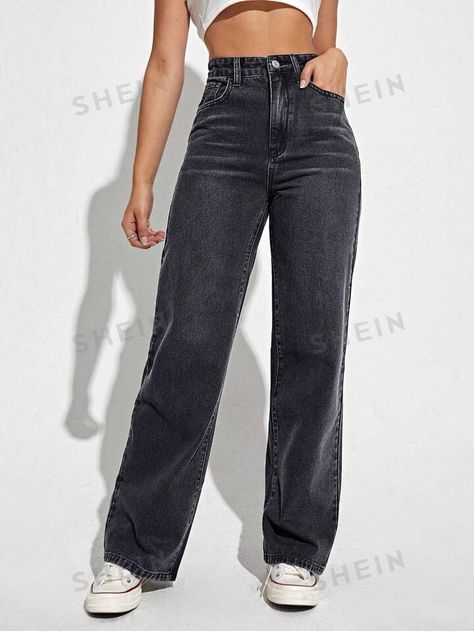 Straight Jeans Outfit, Coloured Jeans, Straight Leg Jeans Outfits, Dark Grey Jeans, High Waist Wide Leg Jeans, Grey Denim Jeans, Tiktok Outfits, Denim Cargo Pants, Mode Jeans