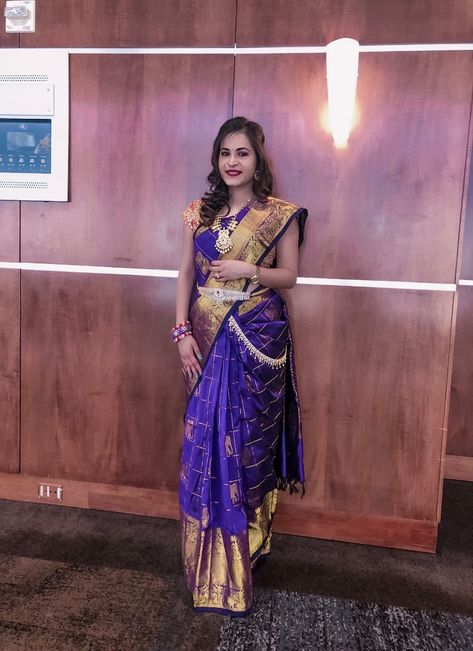 Purple pattu saree Purple Pattu Saree, Kandoli Designs, Saree Chain, Hip Chains, Diamond Vaddanam, Kanchipattu Sarees, Waist Jewellery, Hip Chain, Wedding Saree Blouse