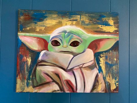 16x20” acrylic painting on canvas by Catalina Osorio Acrylic Painting Characters, Grogu Painting, Baby Yoda Painting, Yoda Painting, Disney Canvas Art, Disney Canvas, Colorful Baby, Grunge Art, Custom Painting