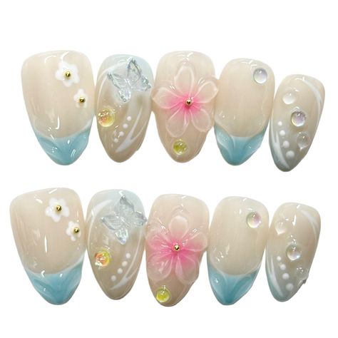 Flower Press On Nails, Lilo And Stitch Merchandise, Flower Press, Butterfly Nail Art, Long Nail Designs, Nail Room, Blush Nails, Really Cute Nails, Great Nails