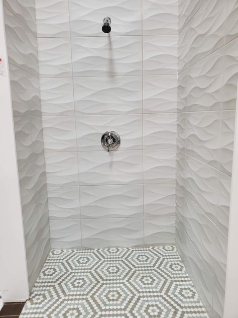 Wavy Tile Bathroom Showers, Vertical Shower Tile, Wavy Tile, Small Washroom, Wave Tile, Bathroom 2023, Bathroom Remodel Plans, Small Bathroom Tile Ideas, Small Bathroom Tiles