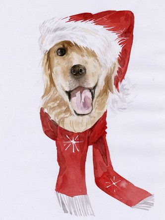 Golden Retriever Drawing, Red Border Collie, Beagle Art, Christmas Tree Truck, Christmas Card Art, Watercolor Christmas Cards, Watercolor Christmas, Dog Wear, Christmas Watercolor