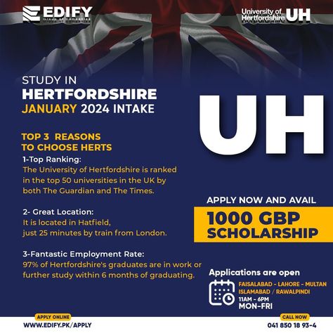 The University of Hertfordshire is a public university located in Hatfield, Hertfordshire, United Kingdom. The University boasts a high employment rate. 97% of Hertfordshire’s graduates are in work or further study within 6 months of graduating. Of these graduates in work, 78% are placed in professional or managerial roles. . . . Apply Now to Study in University of Hertfordshire www.edify.pk/apply-online . #herts #hertfordshire #ukstudyvisa #studyinuk #uk #ukvisa #ukeducation #studyuk #edify Study In University, University Of Hertfordshire, Study In Uk, Uk Education, Uk Visa, Uk Universities, Group Of Companies, To Study, Apply Online