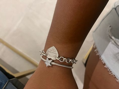 Bracelets: Tiffany and co and Pandora. Tiffany Bracelet Stack, Tiffany Heart Bracelet, Bracelets Tiffany, Tiffany Bracelet, Tiffany And Co Bracelet, Tiffany Bracelets, Tiffany And Co, Dream Jewelry, Heart Bracelet