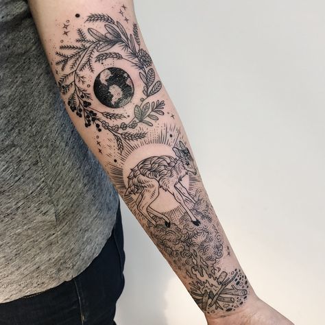 Winter solstice themed piece with horned fawn for the birth of Cernunnos. Thanks Christina! Pony Reinhardt, Nikko Hurtado, 16 Tattoo, 4 Tattoo, Full Sleeve Tattoos, Snake Tattoo, Skin Art, Piercing Tattoo, Love Tattoos