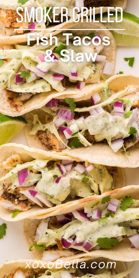 Smoked Fish Tacos, Traeger Fish Recipes, Bbq Tilapia, Smoked Tilapia, Cilantro Lime Coleslaw, Smoked Halibut, Dinner Staples, Halibut Tacos, Lime Coleslaw