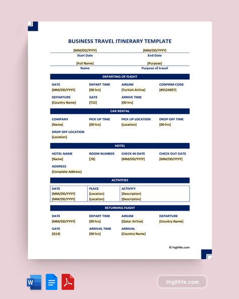 Business Travel Itinerary Template Trip Itinerary Template, Travel Preparation, Car Rental Company, Turkish Airlines, Quote Template, Itinerary Template, Travel Itinerary Template, Template Word, Schedule Template