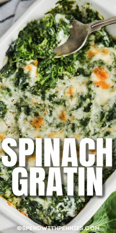 Fresh creamed spinach gratin is the perfect side dish for any entree! Serve with chicken, pork chops, or a roast. #spendwithpennies #spinachgratin #spinach #appetizer #sidedish #recipe #easy #creamy #cheese #easy Creamed Spinach Gratin, Fresh Spinach Recipes, Spinach Cream Cheese, Spinach Gratin, Best Spinach Artichoke Dip, Steakhouse Recipes, Stuffed Chicken Breast Spinach, Chicken Salads, Spinach Casserole