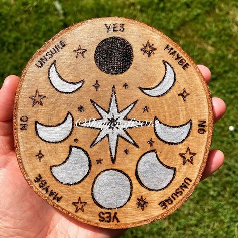 Moon Phases Design, Witches Wheel, Pyrography Pen, Silver Metallic Paint, Pendulum Board, Pagan Crafts, Wiccan Symbols, Witches Altar, Wood Burning Crafts