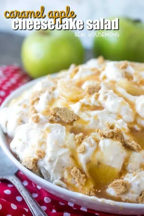 Caramel Apple Cheesecake Salad - #apple #apple-pie-fliling #caramel #cheesecake #cream-cheese #graham-crackers #no-bake #powdered-sugar #salad #desserts-recipes #recipes #dessert-thanksgiving #realhousemoms Cheesecake Salad Recipe, Yummy Fall Desserts, Fall Desserts Apple, Cheesecake Salad, Apple Salad Recipes, Caramel Apple Cheesecake, Apple Cheesecake, Dessert Recipies, Fall Desserts Easy