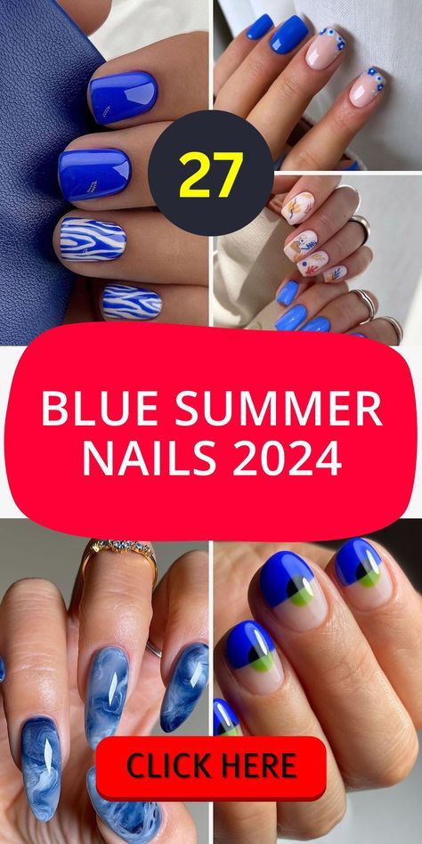 Transform your nails into a summer masterpiece with our Blue Summer Nails 2024 collection. These designs range from the serene lightness of the sky to the majestic depth of royal and navy blues. Available in both acrylic and gel, and in shapes from almond to square, each nail is beautifully crafted with floral designs, providing a bright and aesthetic addition to your summer wardrobe. Bright Navy Blue Nails, Nail Designs Summer Blue, Royal Blue Summer Nails, Spring Blue Nails, Blue Nail Colors, Blue White Nails, Spring Nails Blue, Bright Blue Nails, Royal Blue Nails Designs