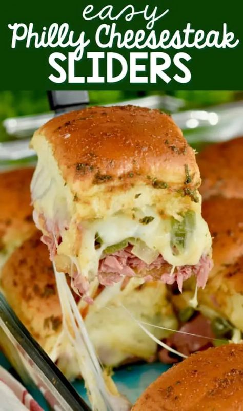 This Easy Philly Cheesesteak Sliders Recipe is so fast and tasty! The perfect game day recipe! The perfect easy dinner! Cheesecake Sliders, Sliders Sandwiches, Philly Cheesecake, Philly Cheesesteak Sliders Recipe, Steak Sliders, Philly Cheesesteak Sliders, Easy Slider Recipes, Cheesesteak Sliders, Philly Cheese Steak Sliders