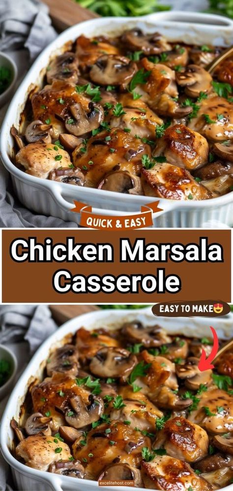 The Chicken Marsala Casserole offers a twist on the classic Italian-American dish, blending the rich flavors of Marsala wine with tender chicken and mushrooms in a hearty casserole form. It's a perfect meal for those seeking the warmth of home-cooked comfort food with a touch of elegance. Marsala Chicken Casserole, Easy Chicken Marsala Casserole, Taste Of Home Casserole Recipes, Chicken Thigh Recipes Italian, Chicken Thighs Casserole Recipes, Sunday Casserole Dinner, German Chicken Recipes, Chicken Thigh Casserole Recipes, Chicken Casseroles For Dinner