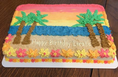 Palm Tree Birthday Cake, Palm Tree Cake Ideas, Tropical Sheet Cake, Beach Sheet Cake, Beach Themed Birthday Cakes, Hawaii Birthday Cake, Palm Tree Cake, Hawaiian Birthday Cakes, Summer Party Cake