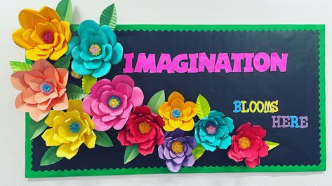 Just paper flowers and some letters Imagination Blooms Here Bulletin Board, Flower Bulletin Boards, Elementary Bulletin Boards, Paper Cake, Bulletin Boards, Paper Flowers, Flowers