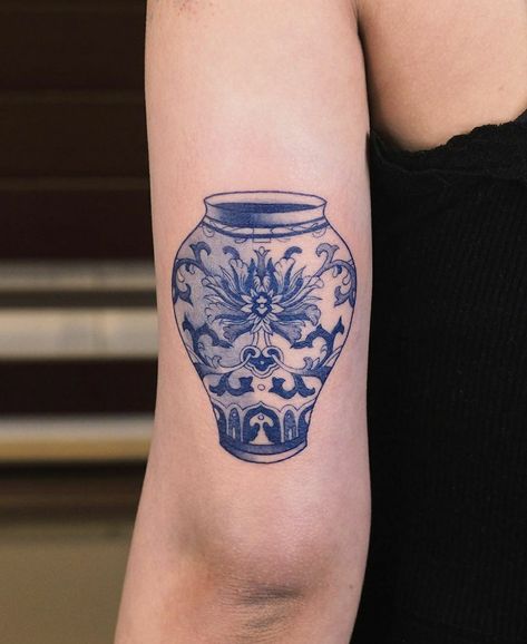 Blue Tattoos, Yellow Tattoo, Vase Tattoo, Blue Tattoo, Blue And White China, Blue Vase, Leg Tattoos, Tattoos And Piercings, Triangle Tattoo